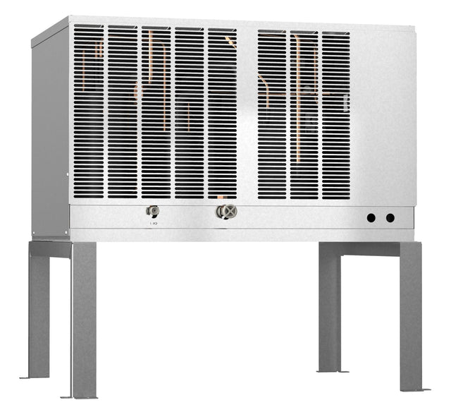 A large metal industrial unit, such as the Hoshizaki SRK-10J remote condenser, features vertical black vents on the front, is mounted on four sturdy gray legs, and has two dials or connectors with small round ports below the vent area. The background is plain white.