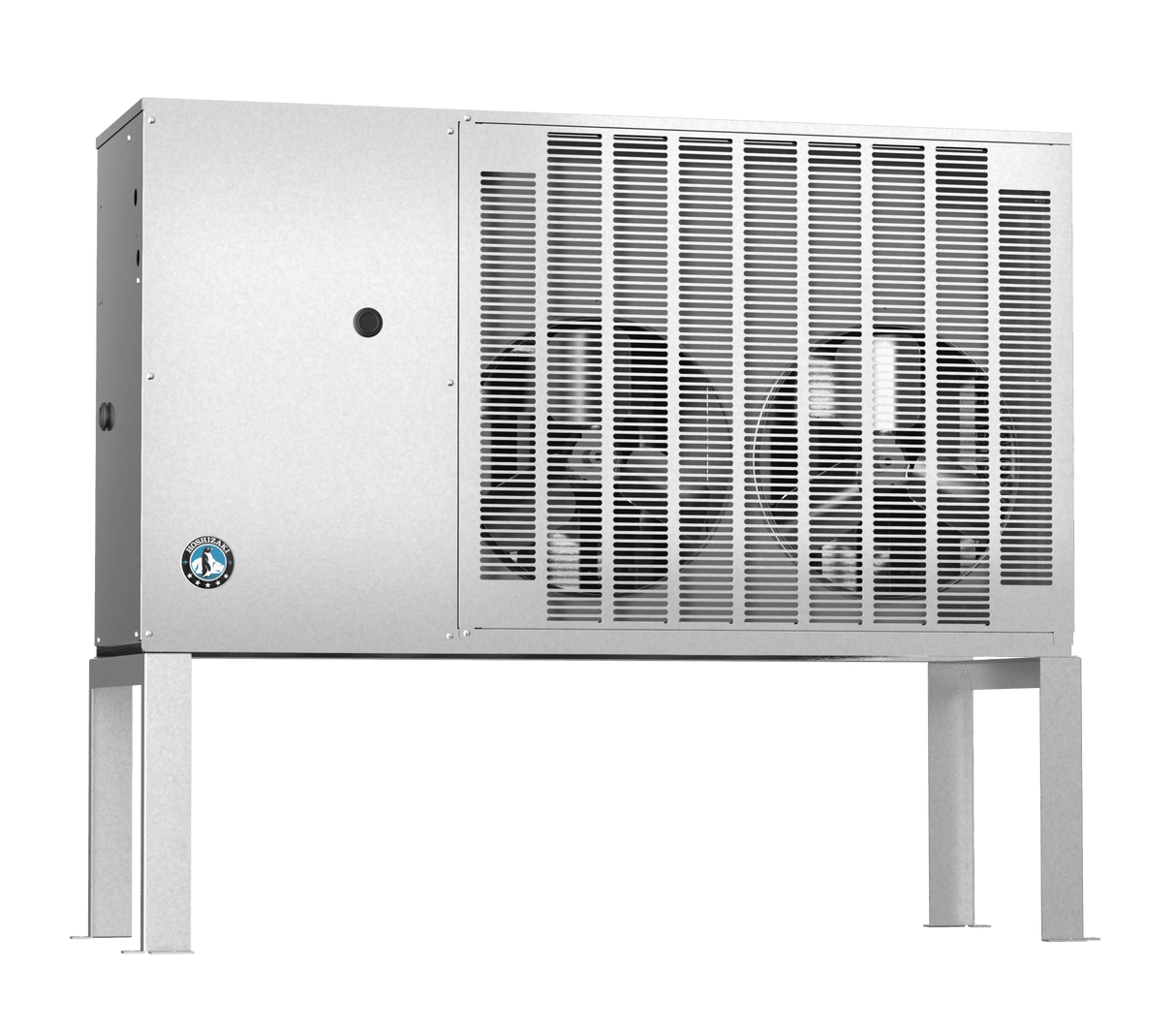 A rectangular industrial Remote Condenser stands on four legs. Vented panels on the right reveal two large internal fans, and a KMS-1402MLJ logo sticker sits on the bottom left. The silver-gray unit has a utilitarian design against a plain white background.