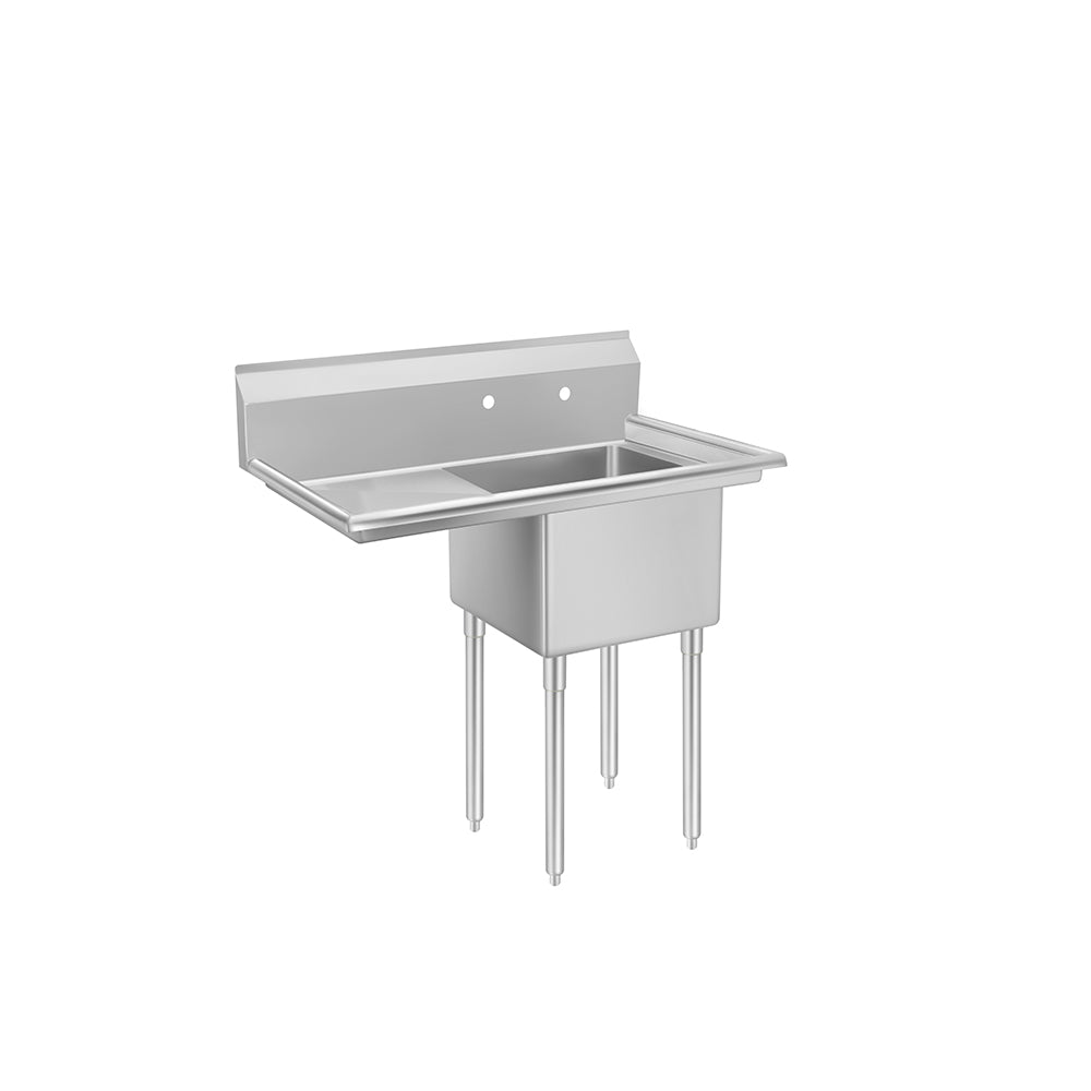 A MixRite stainless steel sink featuring a single deep basin, integrated backsplash, and left-side drainboard. This 1-compartment sink has tall, sturdy legs and two pre-drilled faucet holes for a simple, functional commercial design.