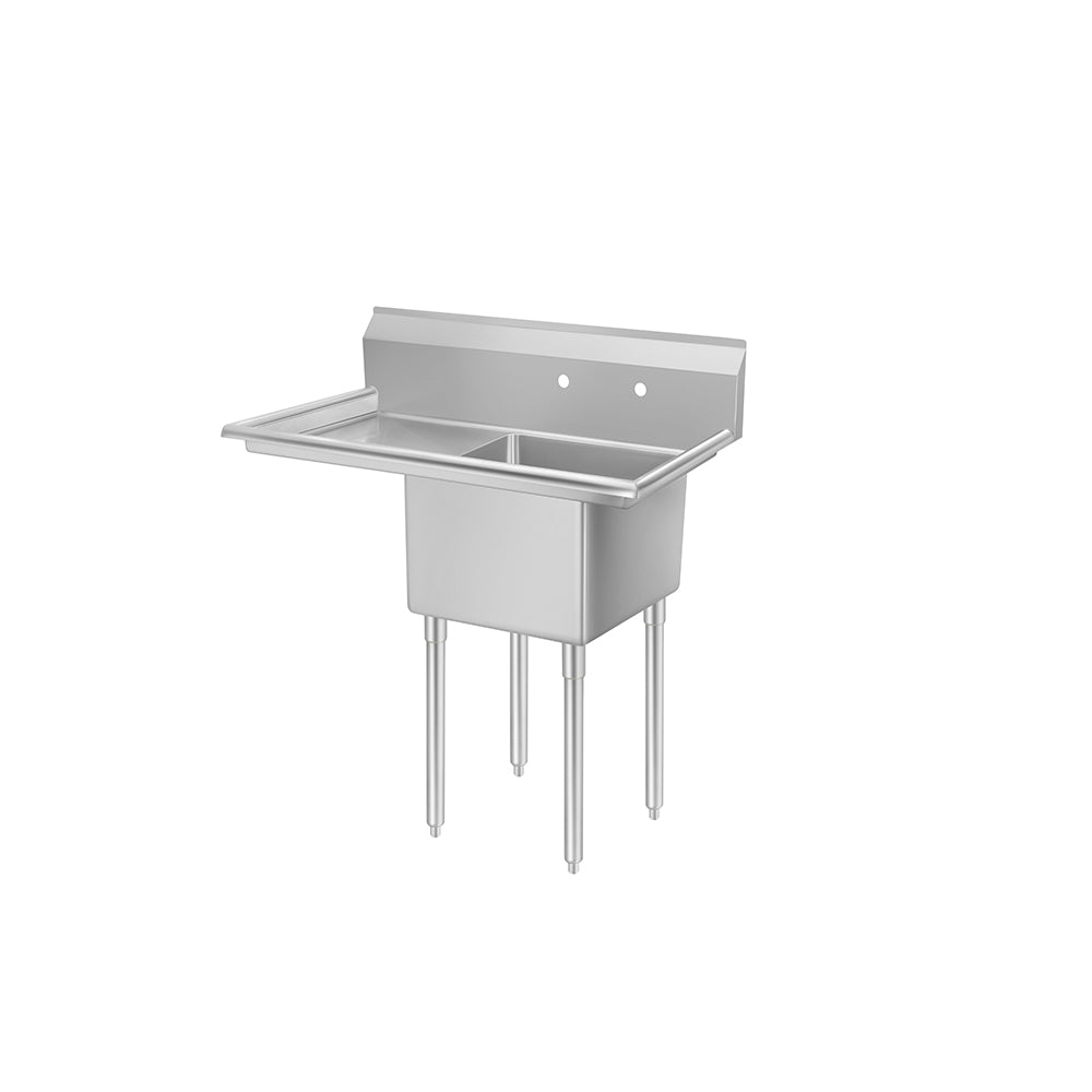 A MixRite stainless steel 1-compartment sink with a large rectangular basin, four tall cylindrical legs, and an attached backsplash. Features include a flat side drainboard and two faucet holes, all set against a plain white background.