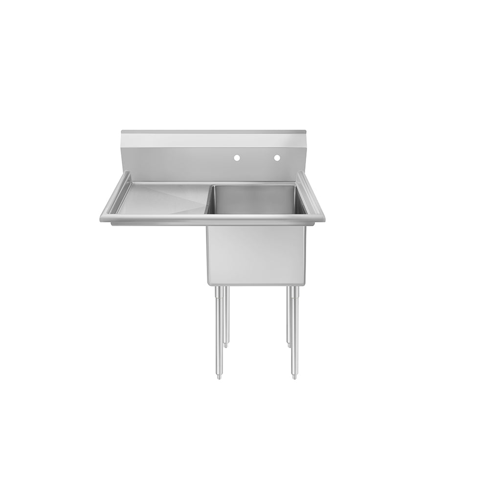 A MixRite 1-compartment stainless steel sink with a left-side drainboard, backsplash with two faucet holes, and four sturdy legs. The square basin and clean industrial design stand out against a plain white background.