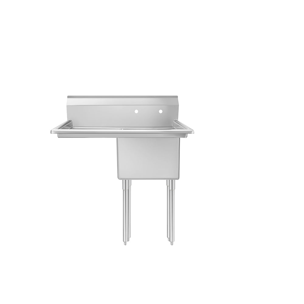 The MixRite Sink is a stainless steel 1-compartment sink with a tall backsplash, rectangular basin, and four straight legs. The basin features rounded corners, while the backsplash offers two pre-drilled holes for faucet installation. Plain white background.
