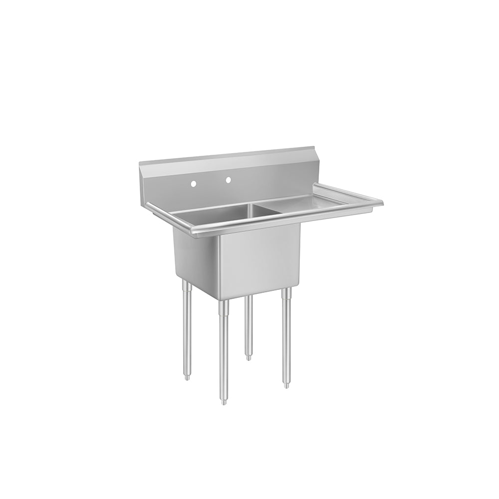 The MixRite Sink is a stainless steel 1-compartment sink featuring a deep basin, a flat draining surface on the right, four sturdy legs, and a high backsplash with two faucet holes, all set against a plain white background.