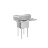 The MixRite Sink is a stainless steel 1-compartment sink featuring a deep basin, a flat draining surface on the right, four sturdy legs, and a high backsplash with two faucet holes, all set against a plain white background.