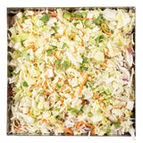 A close-up, top-down view of a 5 qt bowl filled with chopped coleslaw mix—shredded green cabbage, carrots, purple cabbage, cilantro, and celery—all finely cut and mixed together on a white background.