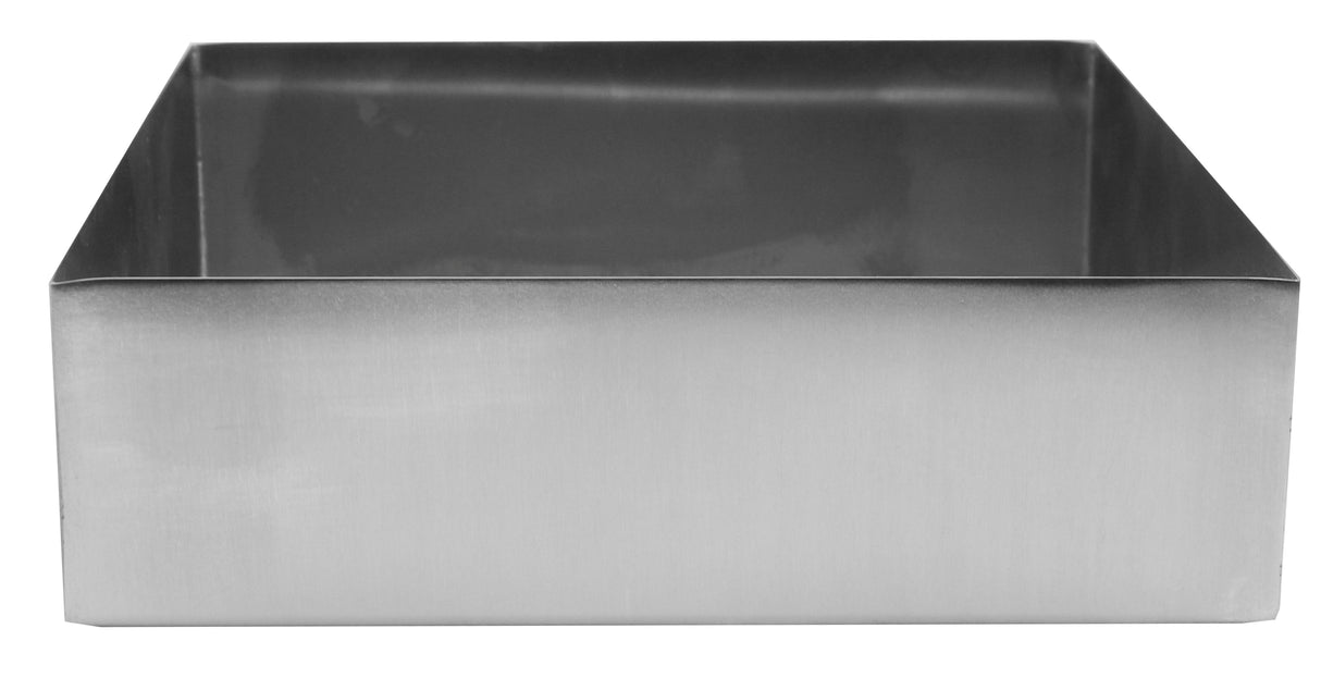 A rectangular stainless steel baking mold with straight, sharp edges and smooth surfaces, photographed against a plain white background. Like a 5 qt bowl, it is dishwasher safe and easy to clean, with an open top and bottom showcasing its empty interior.