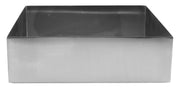 A rectangular stainless steel baking mold with straight, sharp edges and smooth surfaces, photographed against a plain white background. Like a 5 qt bowl, it is dishwasher safe and easy to clean, with an open top and bottom showcasing its empty interior.