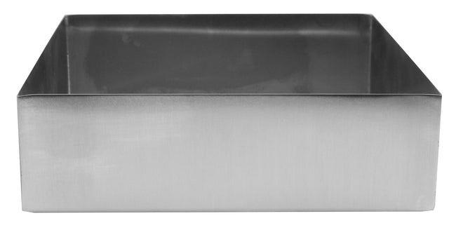 A plain, rectangular metal baking pan with straight sides and a smooth, shiny silver surface. Dishwasher safe, the pan is empty and viewed from the front at a slight angle, showing its depth and clean, unadorned finish.