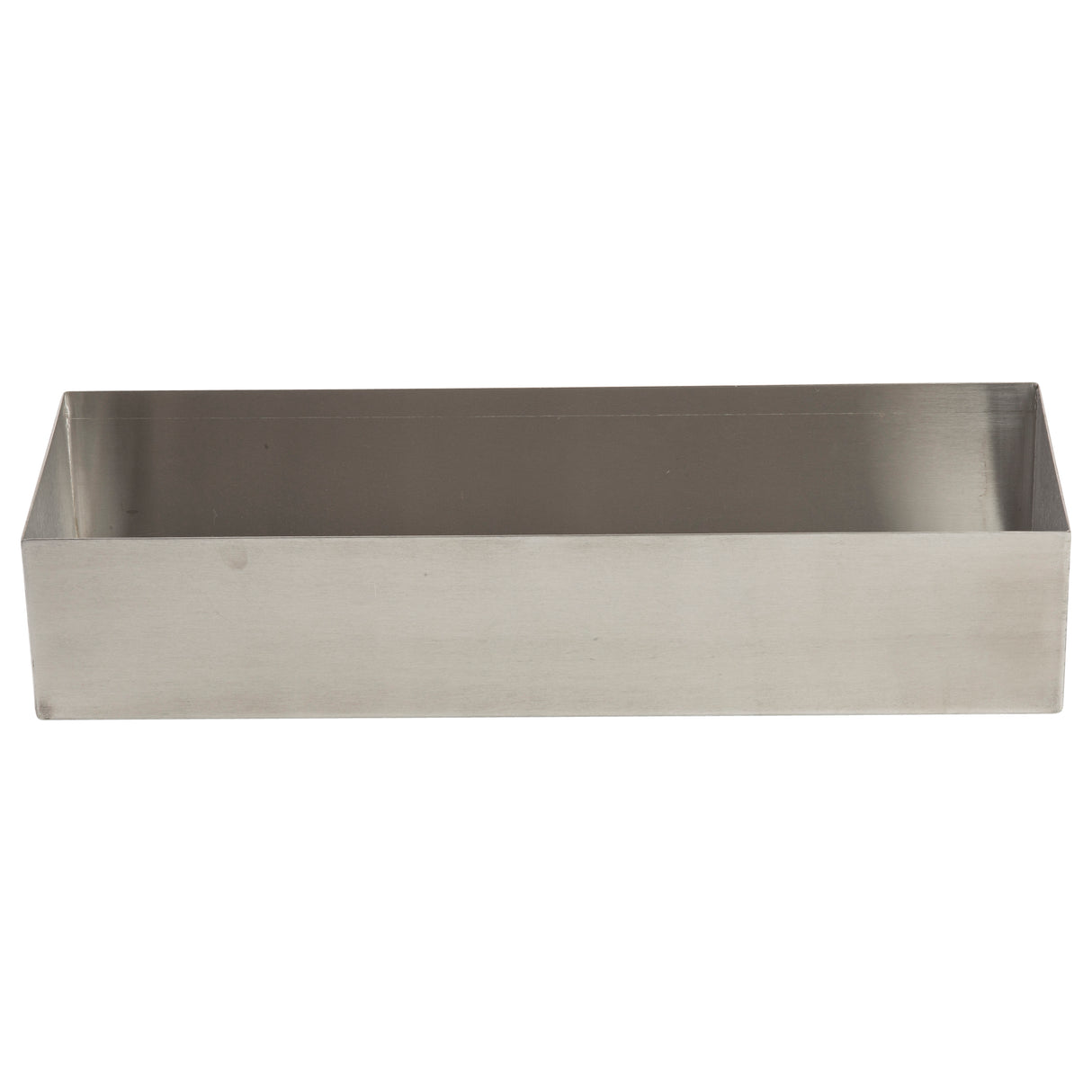 A rectangular, shallow, stainless steel bowl with straight sides and an open top, viewed from a slight angle against a white background. The container has a smooth, brushed metal surface and is dishwasher safe with no visible handles or markings.