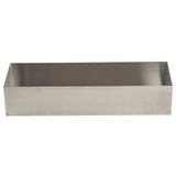 A rectangular, shallow, stainless steel bowl with straight sides and an open top, viewed from a slight angle against a white background. The container has a smooth, brushed metal surface and is dishwasher safe with no visible handles or markings.