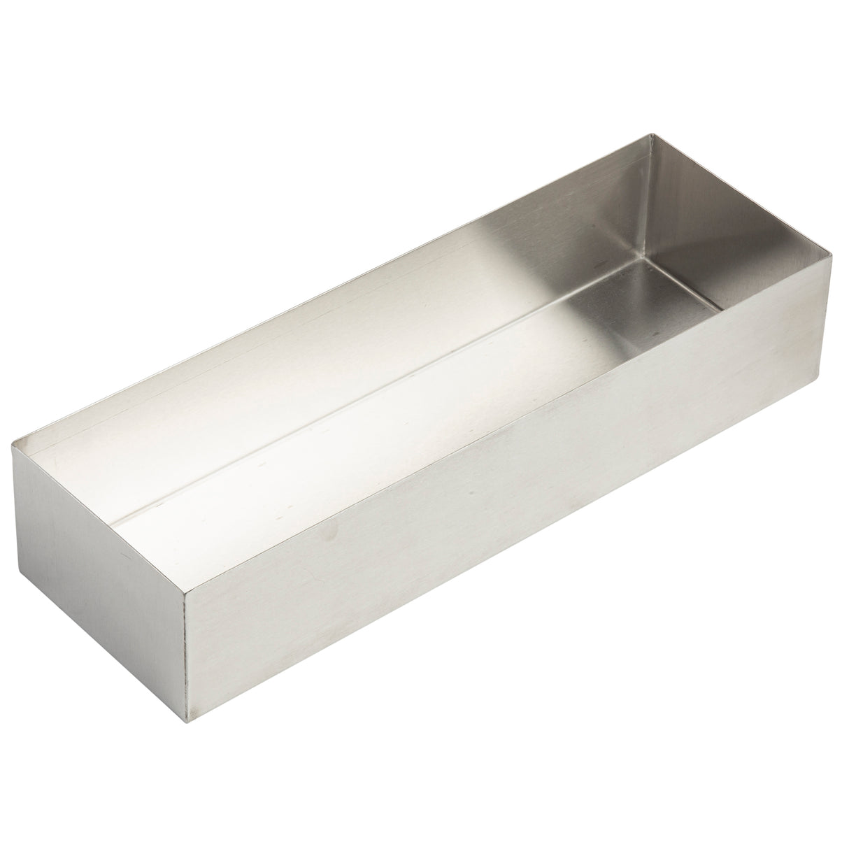 A rectangular, open-top stainless steel bowl with smooth, silver-colored surfaces and sharp edges. The box is empty and photographed at an angle showing its depth and interior. The background is plain white. Dishwasher safe for easy cleaning.