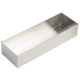 A rectangular, open-top stainless steel bowl with smooth, silver-colored surfaces and sharp edges. The box is empty and photographed at an angle showing its depth and interior. The background is plain white. Dishwasher safe for easy cleaning.