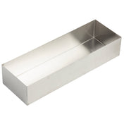 A rectangular, open-top stainless steel bowl with smooth, silver-colored surfaces and sharp edges. The box is empty and photographed at an angle showing its depth and interior. The background is plain white. Dishwasher safe for easy cleaning.