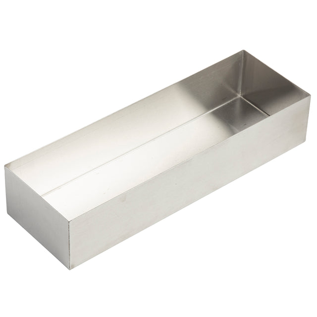 A rectangular, open-top stainless steel bowl with smooth, silver-colored surfaces and sharp edges. The box is empty and photographed at an angle showing its depth and interior. The background is plain white. Dishwasher safe for easy cleaning.