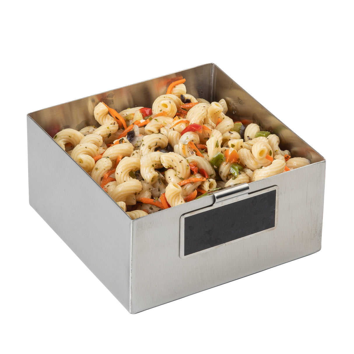 A stainless steel square bowl filled with cooked pasta spirals and chopped red and green peppers sits isolated on a white background, featuring a black rectangular label on the front.