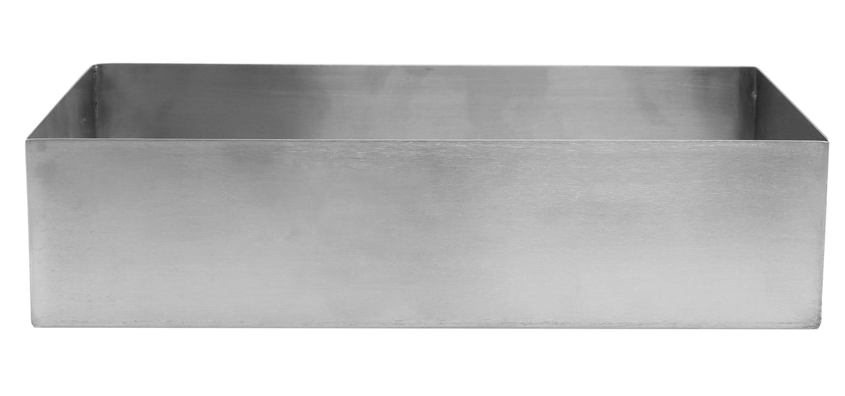 A rectangular, shallow stainless steel bowl with smooth sides and sharp edges, seen from the front. The brushed metal surface is reflective and empty, with no markings or features. This rectangular bowl is also dishwasher safe for easy cleaning.