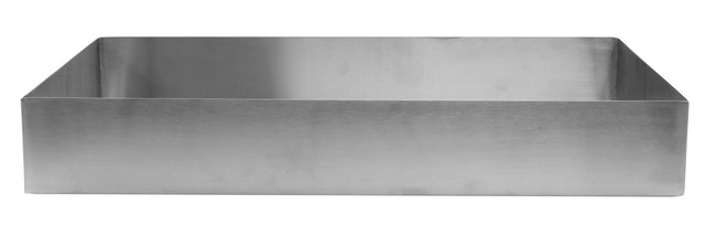 A rectangular, deep, stainless steel baking ring with straight sides and a brushed metal finish is shown against a white background. Its open-top and bottom design pairs well with a stainless steel bowl and is dishwasher safe for easy cleanup.