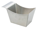 A stainless steel side basket with a square base, flared sides, and a curved front lip, often used for serving fries or snacks in restaurants; the metal has a brushed finish, is dishwasher safe, and the inside is empty.