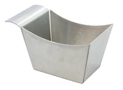 A stainless steel side basket with a square base, flared sides, and a curved front lip, often used for serving fries or snacks in restaurants; the metal has a brushed finish, is dishwasher safe, and the inside is empty.