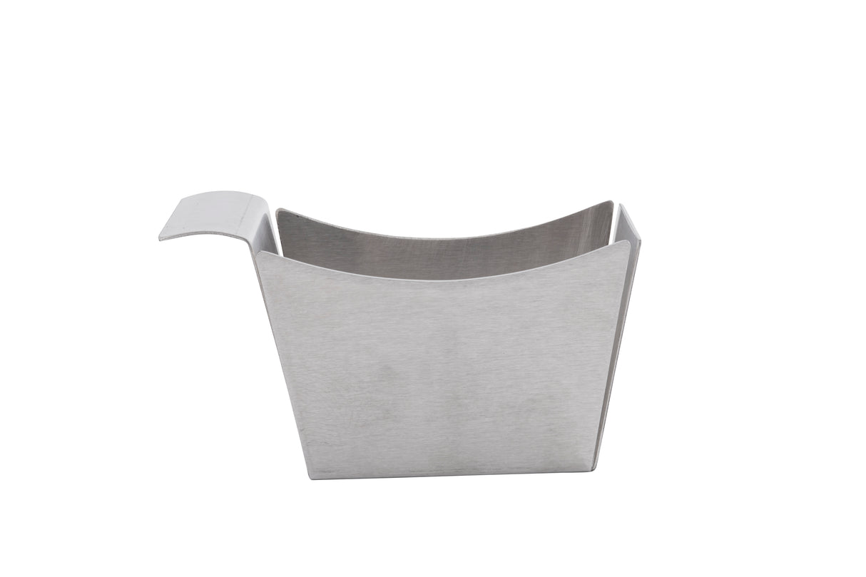 A stainless steel French fry side basket with a curved handle on one side. The holder has a rectangular open top with flared sides, a flat bottom, and a smooth metallic finish. It’s dishwasher safe and set against a plain white background.