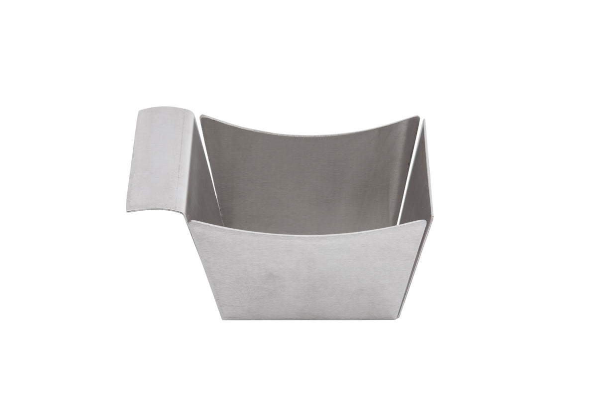 A stainless steel, square-shaped fry scoop with a curved handle on the left side, featuring high sides and a wide open top for easily serving foods like fries into a side basket. Dishwasher safe. Background is plain white.