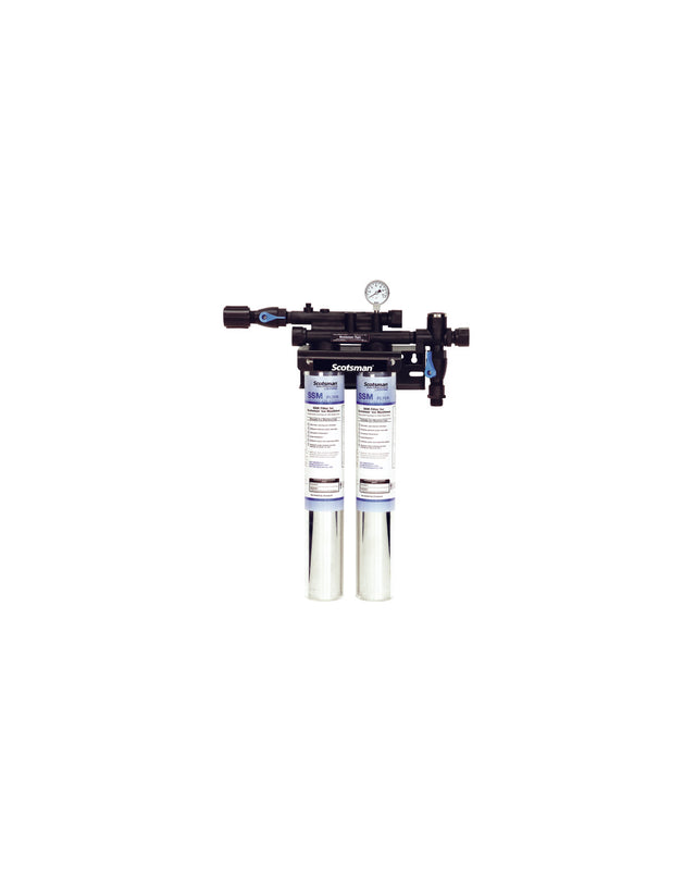 A dual-stage water filter assembly with two vertical cartridges, pressure gauge, valves, and connectors mounted on a black bracket. The filters feature antimicrobial protection and clear labeling. The background is plain white.