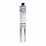 A tall, cylindrical Scotsman SSM Replacement Cartridge water filter with a silver metallic body and black cap. The upper section features a white label with blue and black text detailing product information and instructions; the bottom half is plain and reflective.