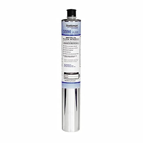 A tall, cylindrical Scotsman SSM Replacement Cartridge water filter with a silver metallic body and black cap. The upper section features a white label with blue and black text detailing product information and instructions; the bottom half is plain and reflective.