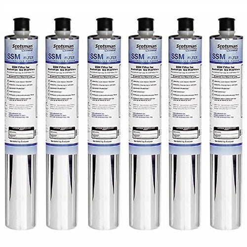 Six identical Scotsman SSM Replacement Cartridges stand upright in a row. Each silver cartridge with a white label, blue text, and black cap is aligned side by side against a plain white background.