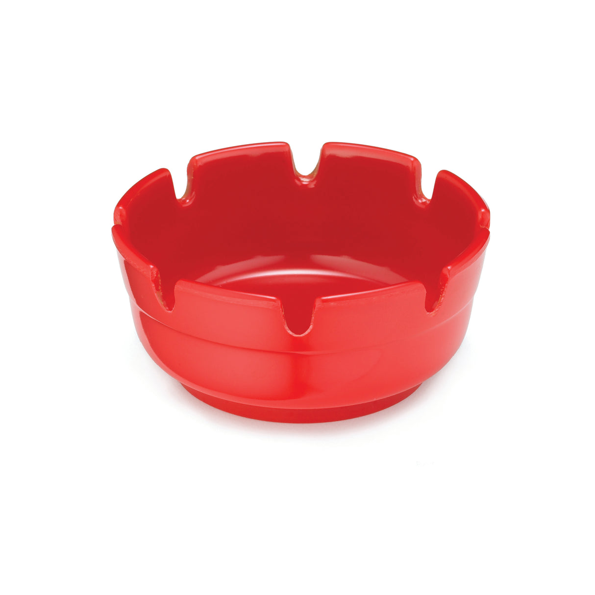 A bright red, round red melamine ashtray with smooth sides and six evenly spaced grooves for resting cigarettes. The glossy finish adds style, and this Economy Ashtray is dishwasher safe. Shown on a white background.