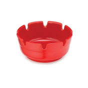 A bright red, round red melamine ashtray with smooth sides and six evenly spaced grooves for resting cigarettes. The glossy finish adds style, and this Economy Ashtray is dishwasher safe. Shown on a white background.