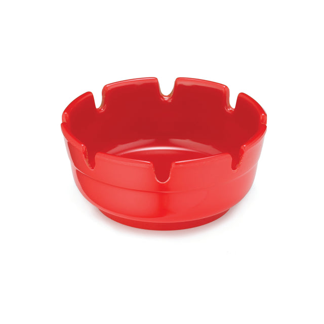 A bright red, round red melamine ashtray with smooth sides and six evenly spaced grooves for resting cigarettes. The glossy finish adds style, and this Economy Ashtray is dishwasher safe. Shown on a white background.
