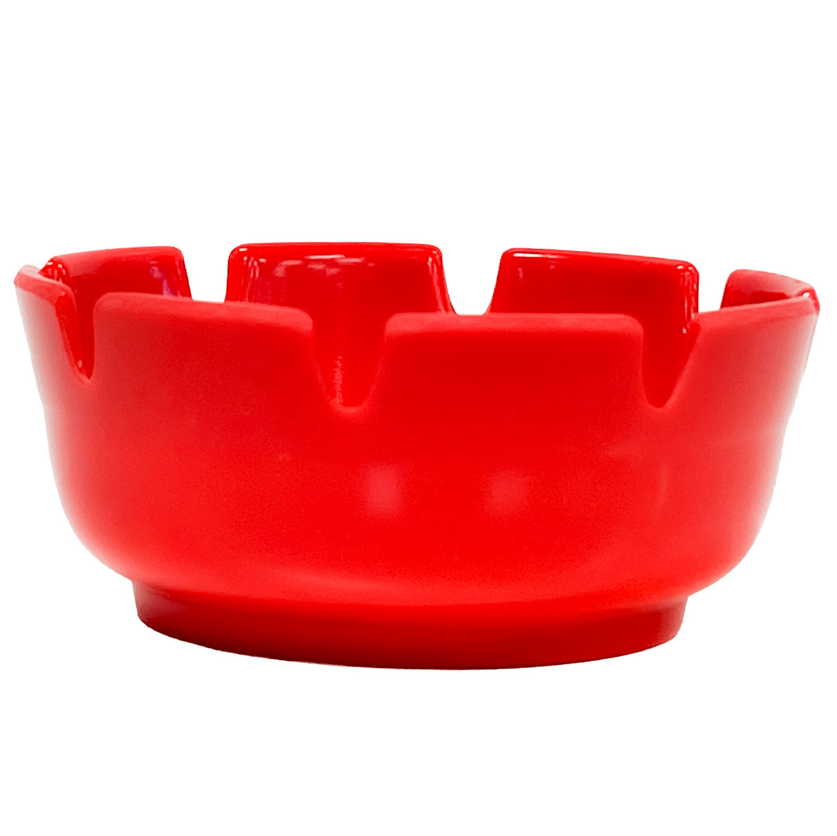 A bright red melamine ashtray with a glossy finish, featuring multiple evenly spaced notches along the rim for resting cigarettes. This economy ashtray has a rounded base, smooth thick sides, and is dishwasher safe. The background is plain white.