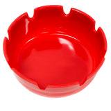A shiny, bright red melamine ashtray with five evenly spaced notches along the rim, designed for holding cigarettes. This clean, reflective Economy Ashtray is dishwasher safe and photographed against a white background.