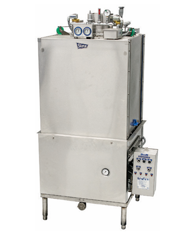 A large industrial stainless steel utensil washer with a boxy, pass through design, control panel on the lower right, pressure gauges and pipes on top, and four sturdy legs—engineered for commercial or industrial use.