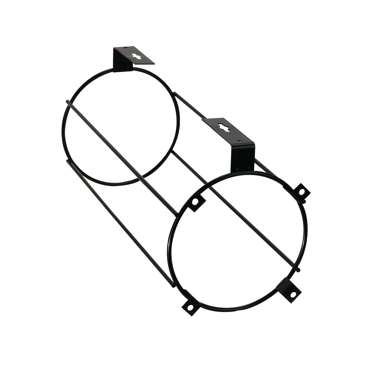 A black metal cylindrical cup dispenser mount with two circular ends connected by four straight rods. Each end has small mounting tabs, and two rectangular brackets with keyhole slots extend from the top for wall or surface mount installation. Plain white background.