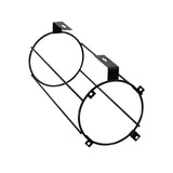 A black metal cylindrical cup dispenser mount with two circular ends connected by four straight rods. Each end has small mounting tabs, and two rectangular brackets with keyhole slots extend from the top for wall or surface mount installation. Plain white background.