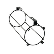 A black metal cylindrical cup dispenser mount with two circular ends connected by four straight rods. Each end has small mounting tabs, and two rectangular brackets with keyhole slots extend from the top for wall or surface mount installation. Plain white background.
