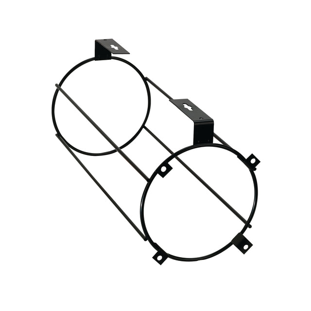A black metal cylindrical cup dispenser mount with two circular ends connected by four straight rods. Each end has small mounting tabs, and two rectangular brackets with keyhole slots extend from the top for wall or surface mount installation. Plain white background.