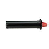 A black cylindrical plastic sprinkler body with a red adjustable nozzle on one end. The smooth body and tapered nozzle protrude from a round base. The sprinkler is photographed on a white background, viewed from the side.