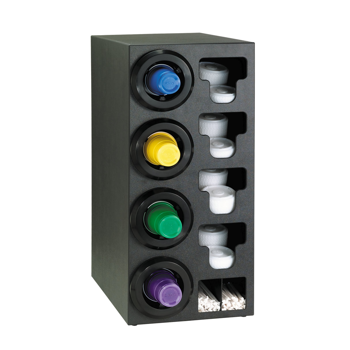 A black organizer holds four colorful coffee pods in round slots on the left. On the right, there are compartments for white cups and a section with coffee stirrers, making it a handy alternative to bulky Cup Dispenser Cabinets.