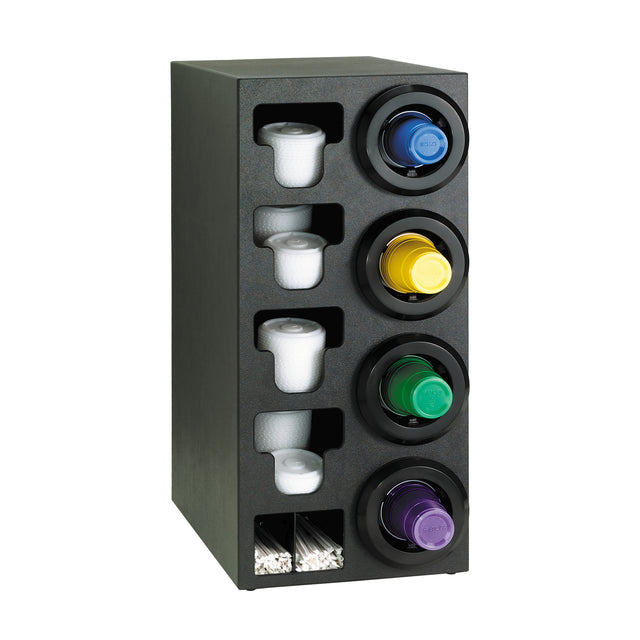A sleek black Cup Dispenser Cabinet holds four rows of colored coffee pods and white creamer cups, with straw organizers in the bottom compartment neatly arranging stir sticks in a separate section.