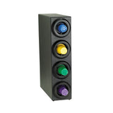 A vertical black adjustable cup dispenser holds four round capsules in blue, yellow, green, and purple from top to bottom. Each capsule sits in its own slot, and the dispenser’s angled view highlights its sleek rectangular design.