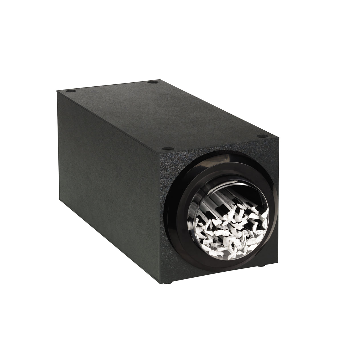 A rectangular black stackable straw dispenser with a circular opening at one end reveals white paper strips inside, reminiscent of a paper shredder’s output. The matte-finished box features four visible screws on its top corners.