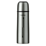 A sleek stainless steel bottle with a black lid, designed for durability and style.
