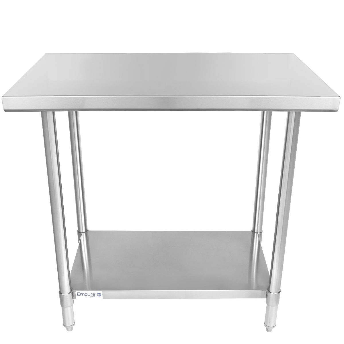 Rectangular NSF stainless steel work table with a smooth, reflective top, four cylindrical legs, and an undershelf for storage. Its industrial, minimalist design is sturdy and ideal for commercial kitchens or professional workspaces.