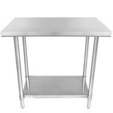 Rectangular NSF stainless steel work table with a smooth, reflective top, four cylindrical legs, and an undershelf for storage. Its industrial, minimalist design is sturdy and ideal for commercial kitchens or professional workspaces.