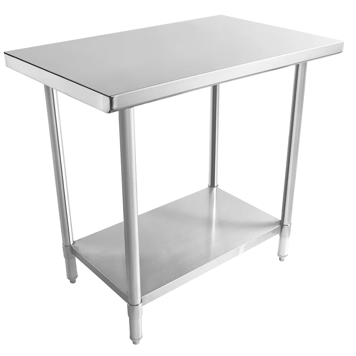 A simple, industrial NSF Work Table with four sturdy legs, a smooth stainless steel top, and a lower shelf for extra storage. Easy to clean and ideal for professional or home kitchens.