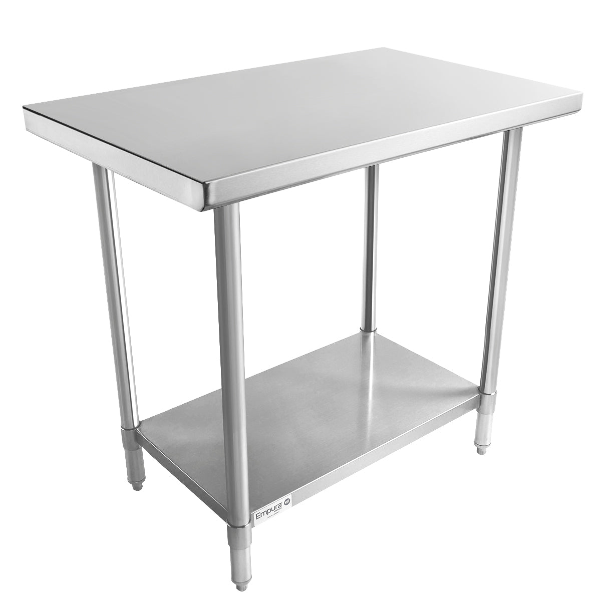 A stainless steel work table with four legs, an undershelf, and adjustable feet. NSF certified, its smooth, shiny tabletop and practical lower shelf offer extra storage. The simple industrial design suits kitchens or workspaces perfectly.