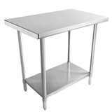 A stainless steel work table with four legs, an undershelf, and adjustable feet. NSF certified, its smooth, shiny tabletop and practical lower shelf offer extra storage. The simple industrial design suits kitchens or workspaces perfectly.